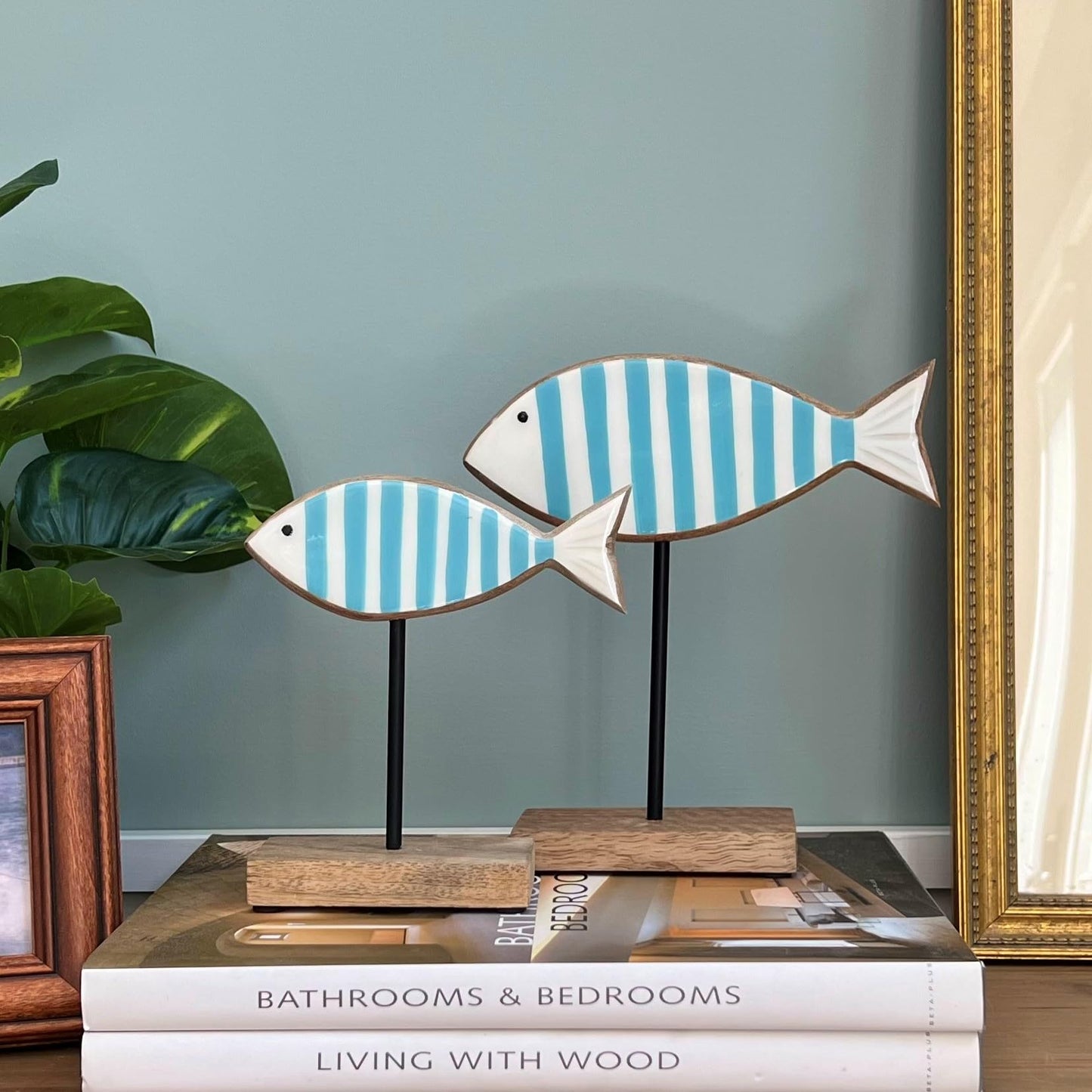 WHW Whole House Worlds Beach Chic Striped Fish Figurines, Set of 2, Glossy Blue and White, Wood, Post Mounted, Rectangle Gallery Base, 8.25 Inches