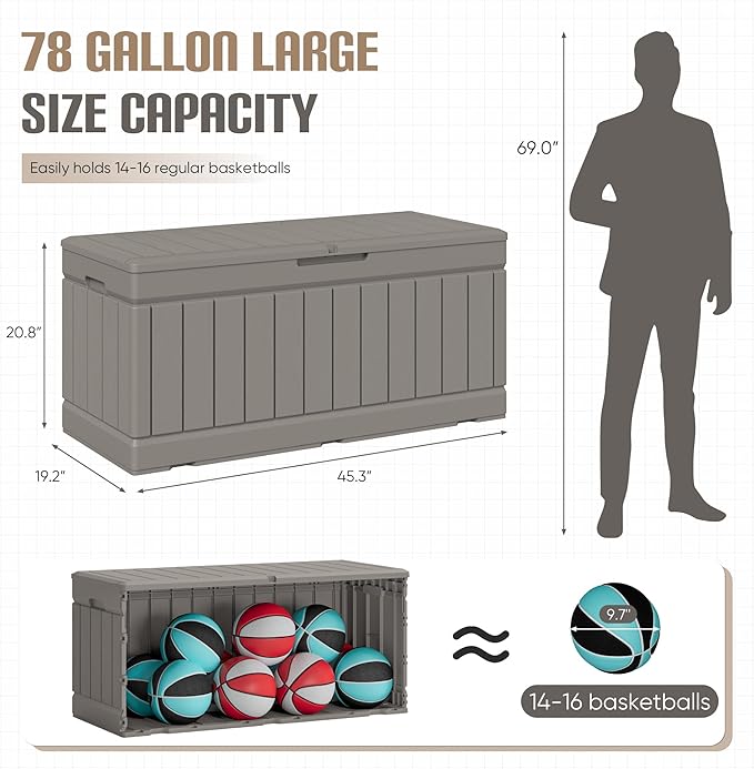 JUMMICO 78 Gallon Outdoor Deck Box Large Resin Storage Box for Patio Furniture Cushions and Garden Tools (Light Brown)