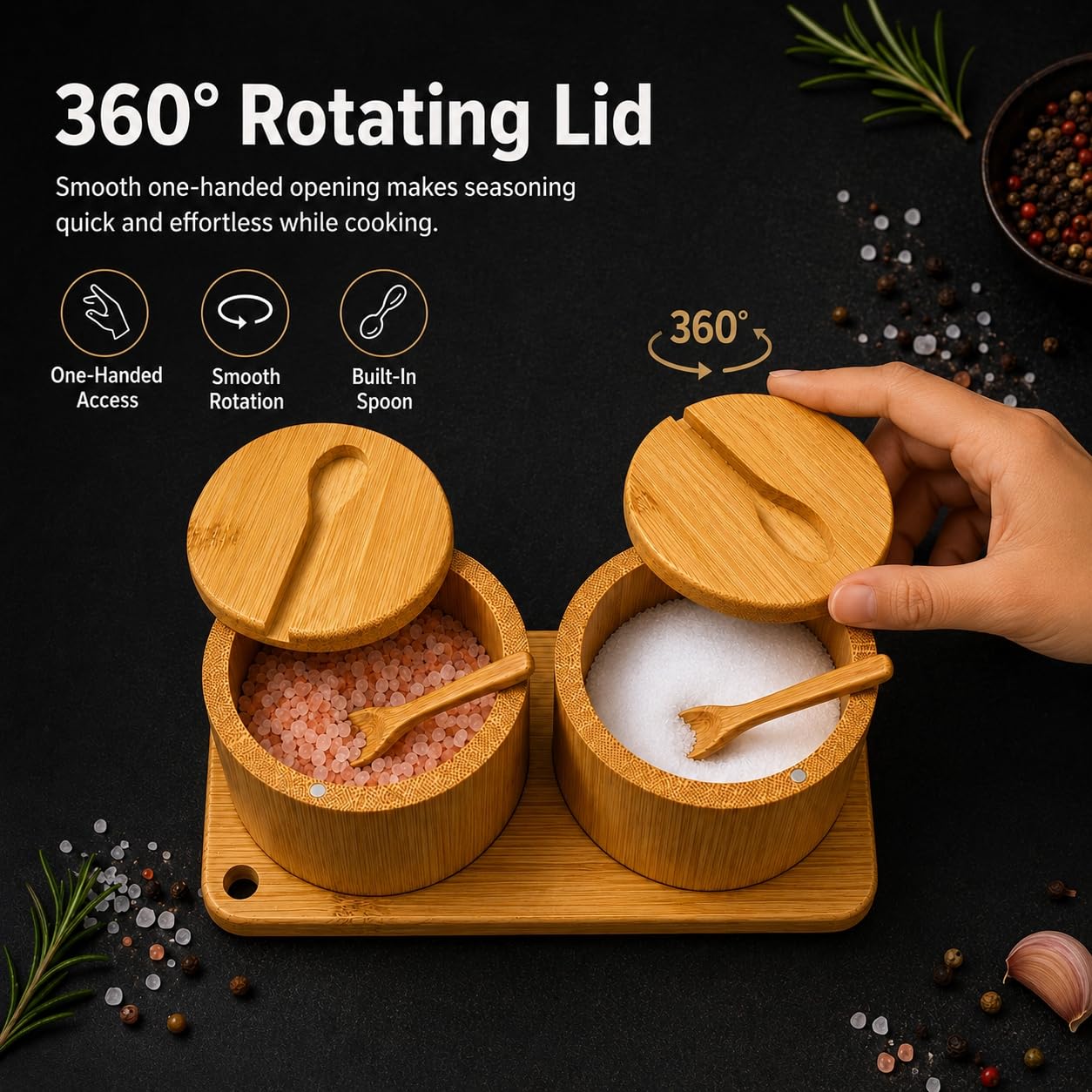 Bamboo Salt Cellar Set with Tray, 2 Salt and Pepper Cellar with Lids & Spoons, Magnetic Swivel Lid, 16 Labels, Spice Containers for Salt, Pepper, Sugar, Spices, Kitchen Countertop Organizer, 9 OZ Each