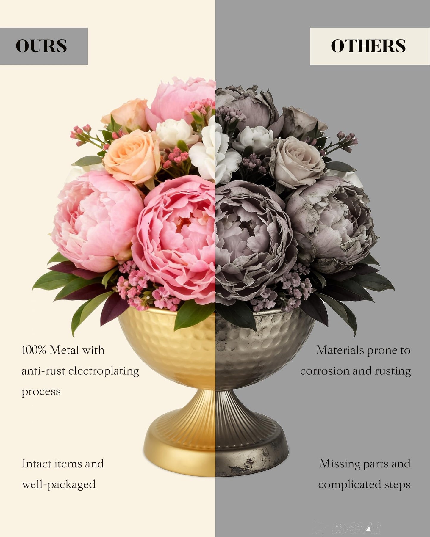AURABEE Gold Compote Vase Set of 4, Pedestal Gold Vases for Centerpieces Metal Urn Flower Pot Vase Pack, Electroplated Rust-Proof Compote Pedestal Vases for Wedding Centerpieces- 5.9 Inches