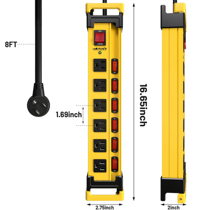 Power Strip Surge Protector 2700J with Individual Switches and Flat Plug, 3FT Heavy Duty Cord 6 Wide Spaced Outlet Mountable Metal Power Strips with Cord Manager and Hanger