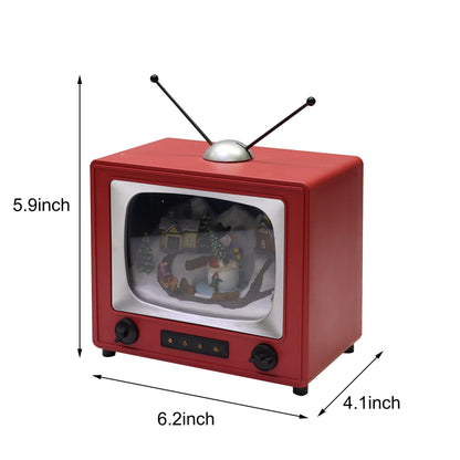 MOMENTS IN TIME Red Retro TV with Snowy Village Home Scene (Animated Snowman) with LED Lights 6" H, 8 Classic Carols Christmas Music Battery Operated Hand-Painted Resin Polyresin Injection Plastic
