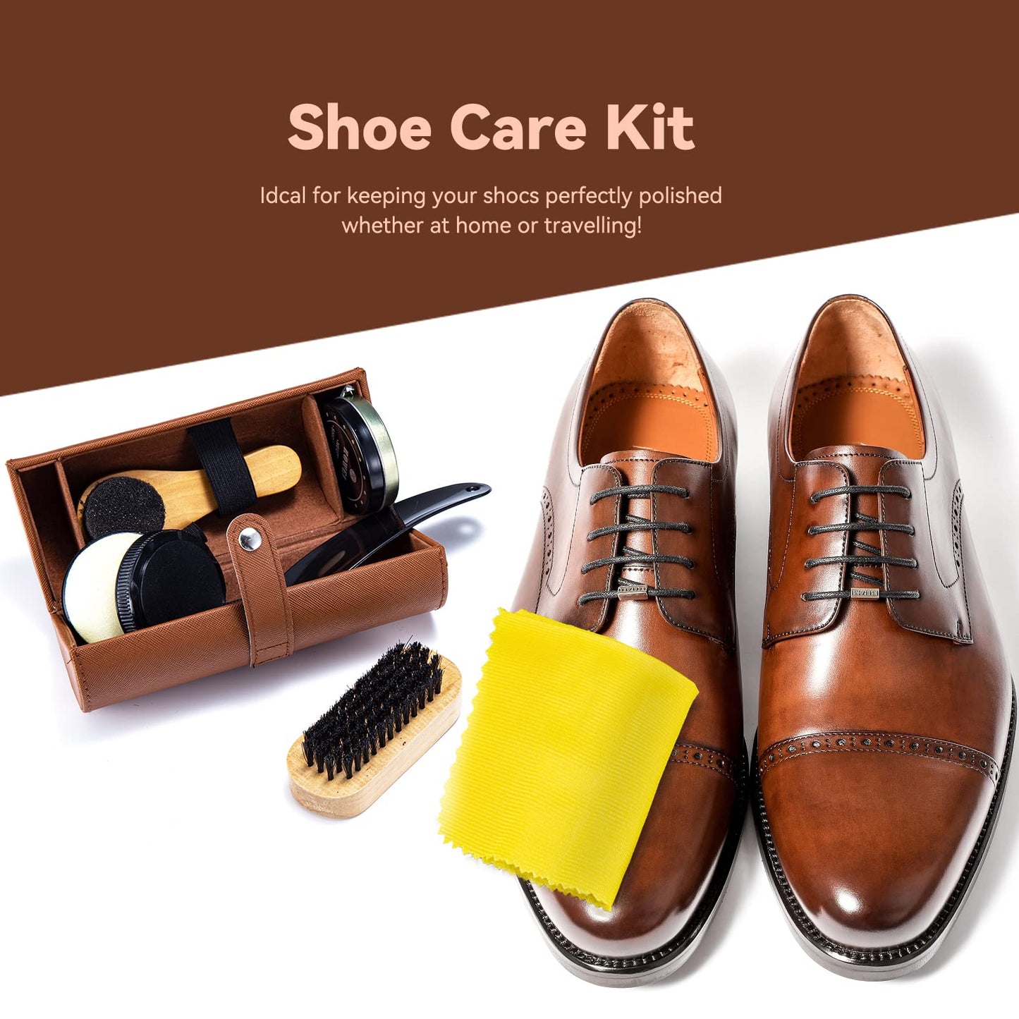 YUET Shoe Polish Kit Cleaning Shine Care Barrel Set For Brown Black Leather With Brush Travel Case Luxury Premium Soft Horsehair Bristle Dauber, Wooden Applicator, Shoehorn, Cloth 7 Piece