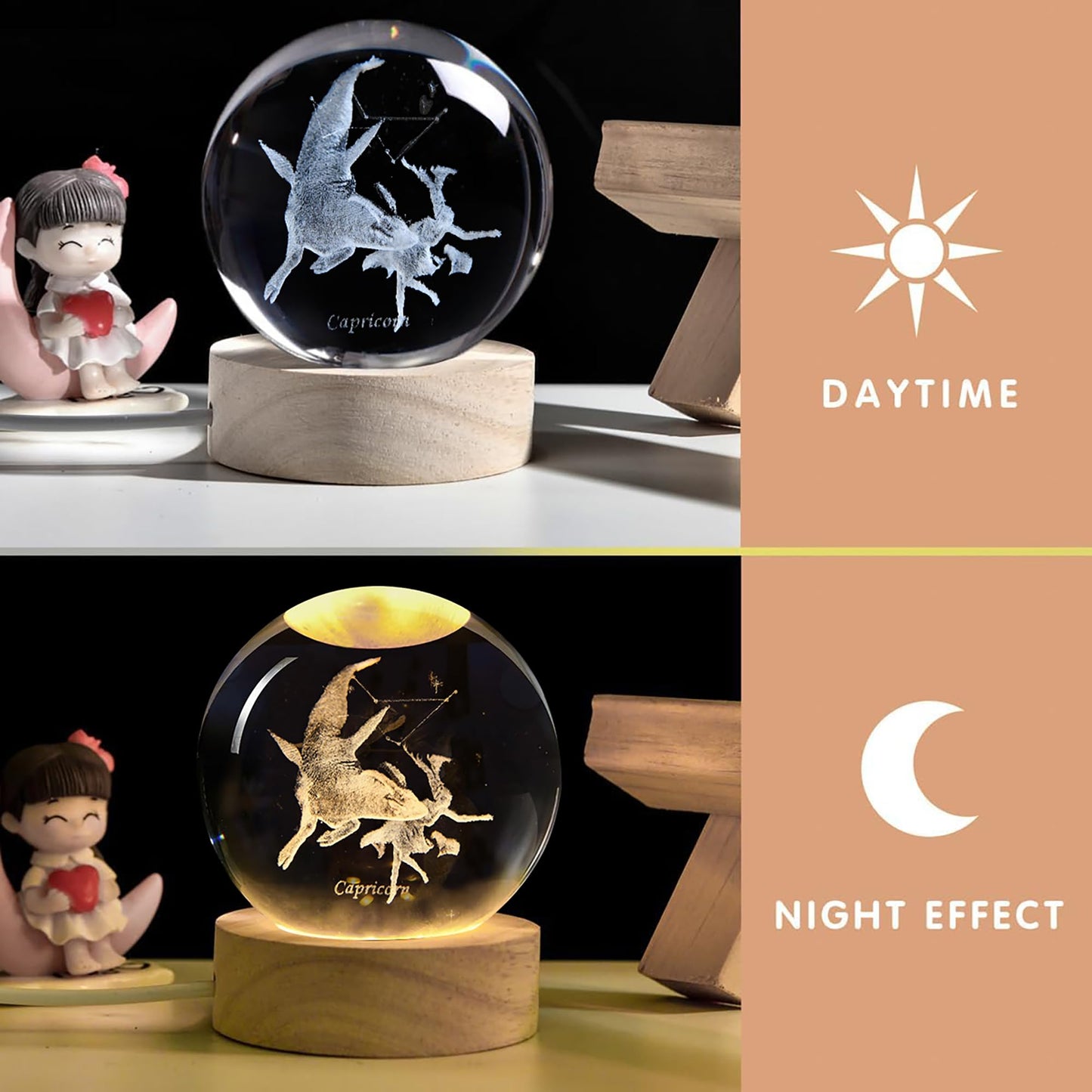 QIANCHANG Capricorn Constellation Crystal Ball with LED Light Stand, 60mm 3D Laser Etched Glass Sphere Decorative Balls, Zodiac Astrology Birthday Gifts for Women Kids