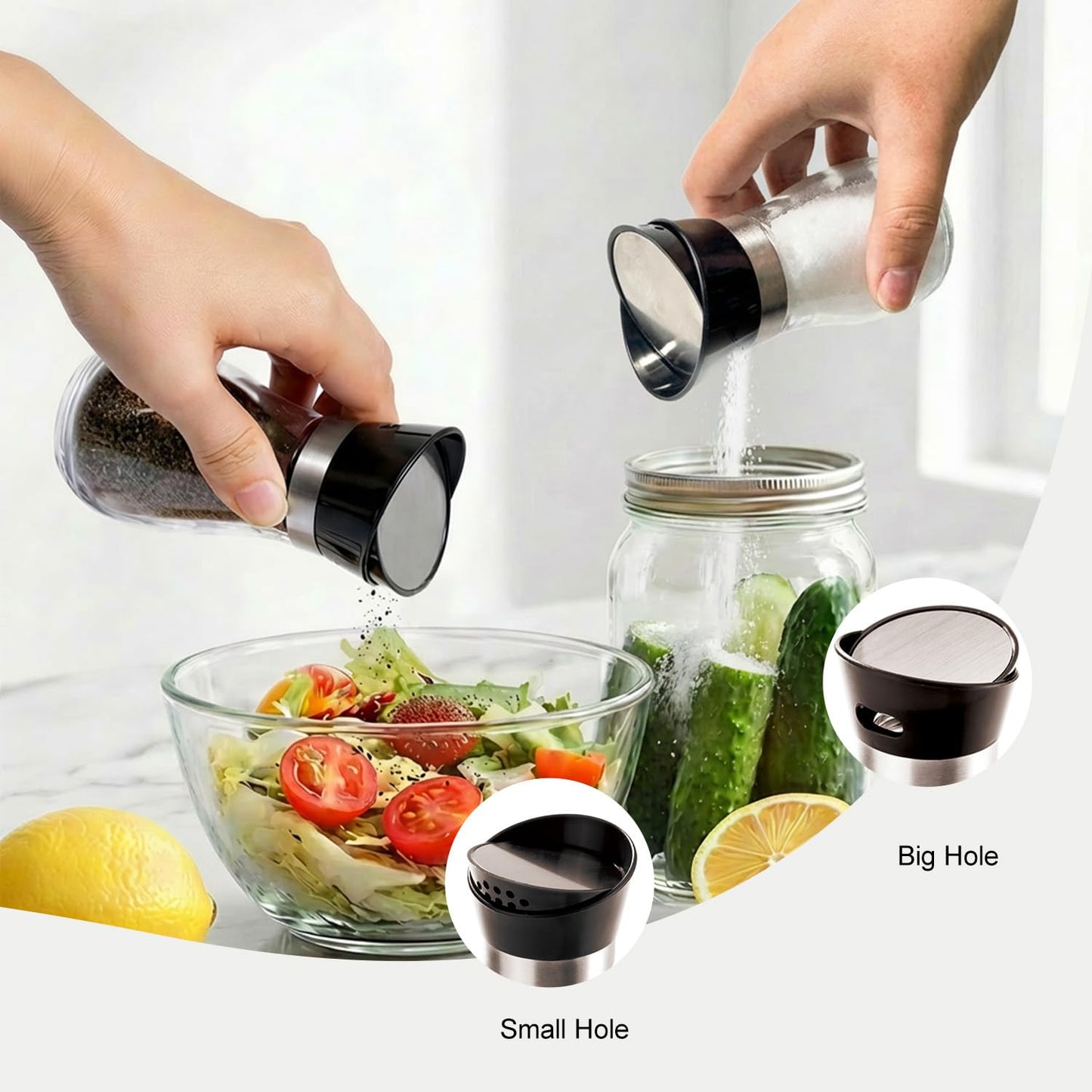 Salt And Pepper Shakers Set，Adjustable Rotating Cap Design For Precise Dose Control，Refillable Glass Jars With Matte Black Lids，Modern Kitchen Spice Containers，Kitchen Utensils