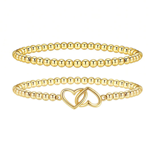 Jsuospmy Gold Beaded Bracelets for Women 14K Gold Double-heart Bracelet Handmade Stackable Bracelets for Women Trendy Non Tarnish Bracelet Jewelry Gift for Womens 2Pcs (03.Double-heart+Beaded (Gold))
