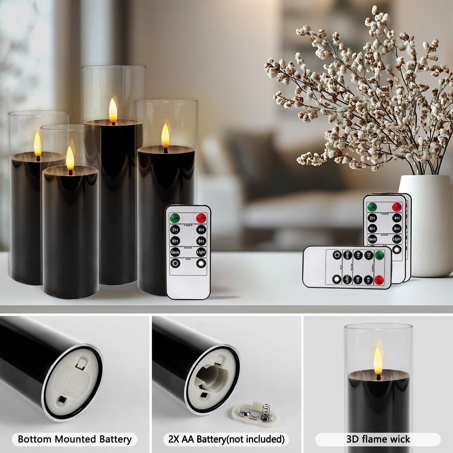 Grcdoyvl 24-Pack Black Flameless LED Candles for Daily Home & Christmas Decor - Realistic Flickering Black Acrylic Pillars with Remote Timer, Perfect for Dining Table, Bedroom, Winter Mantel, Weddings