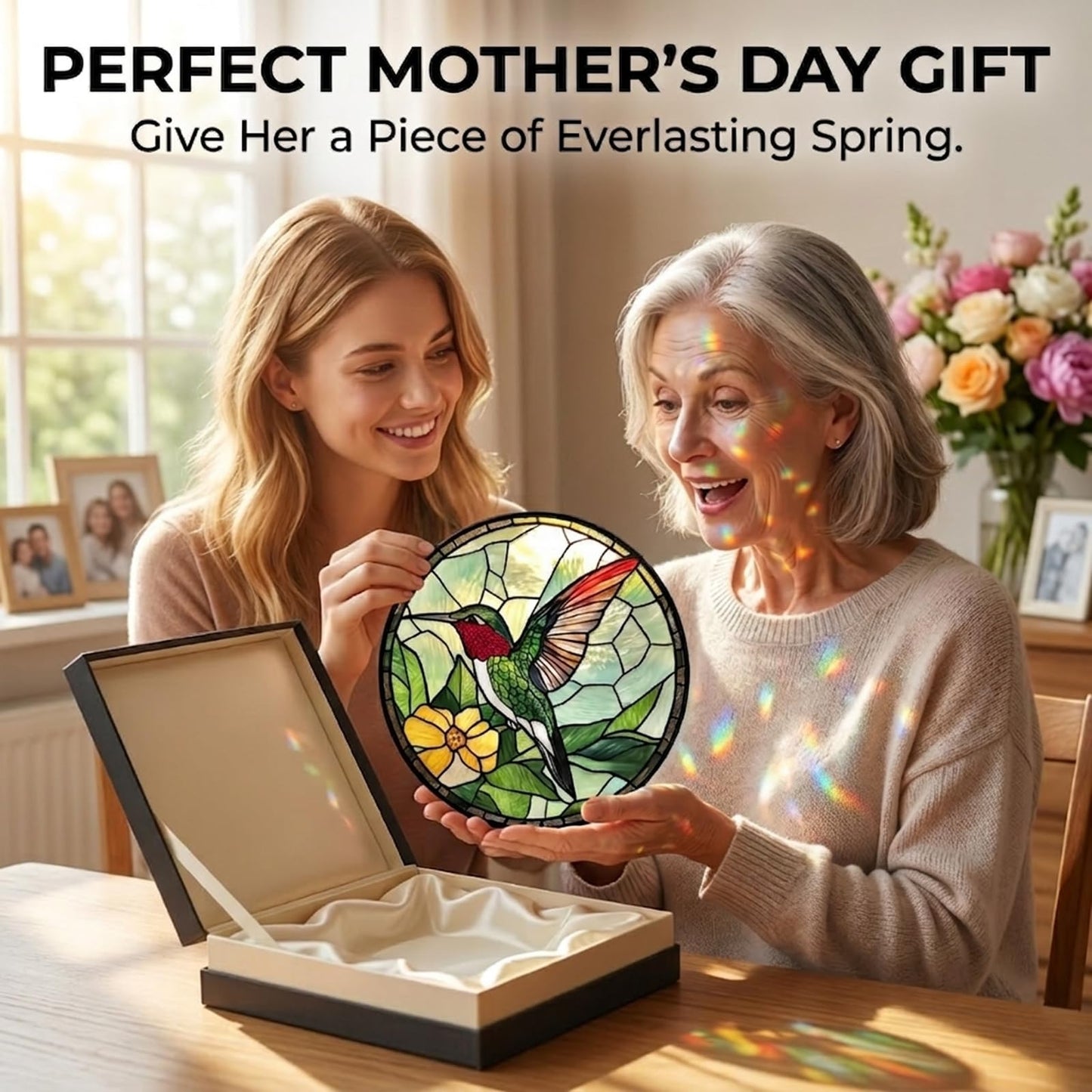 Hummingbird Gifts for Mom - Green Bird Faux Stained Glass Window Hanging Sun Catcher for Door Garden Acrylic Decor Mother's Day Birthday for Bird Lover Women Nana Men Grandma 7.8"
