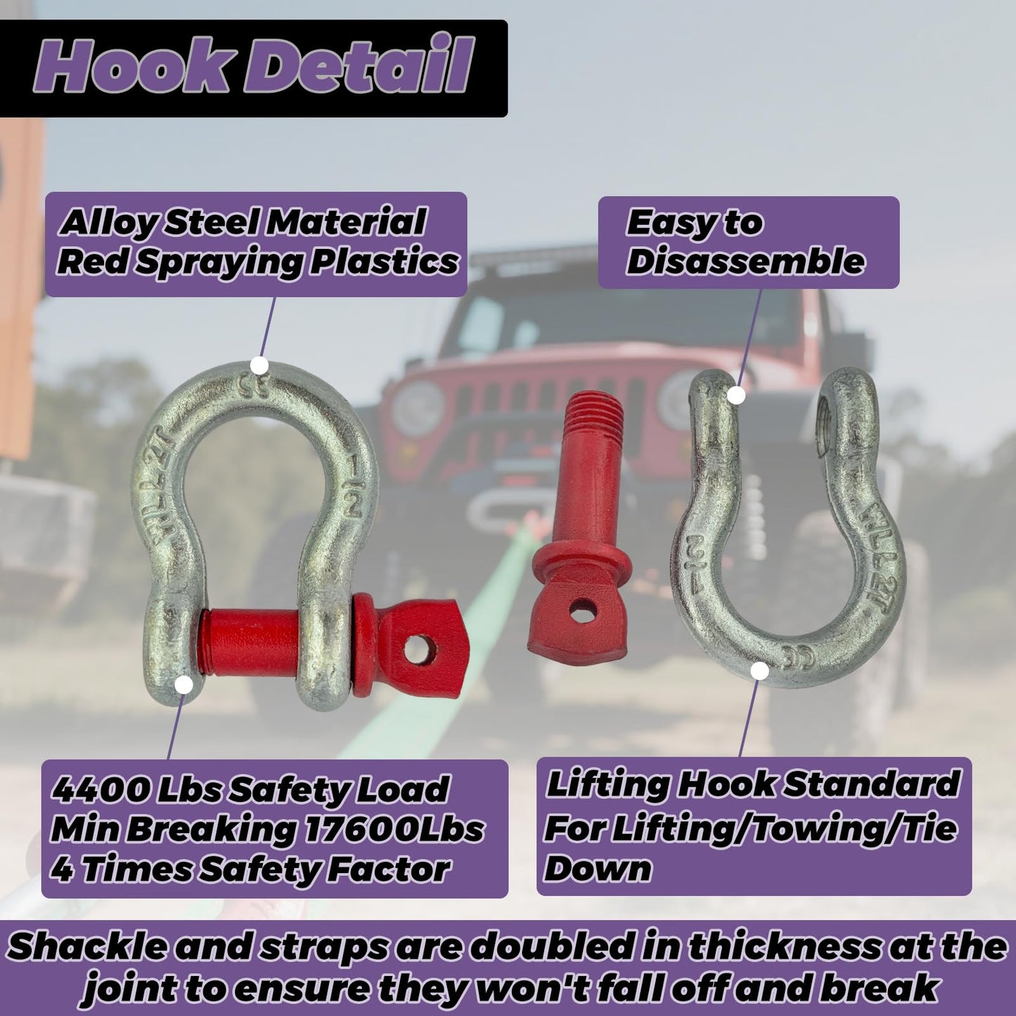 HENBOW Lifting Straps with D Ring Shackle for Hoist,6.5FT× 1In Heavy Duty Flat Lift Sling Web 8800 lbs Capacity，Web Sling Car Tree Saver Winch Recovery