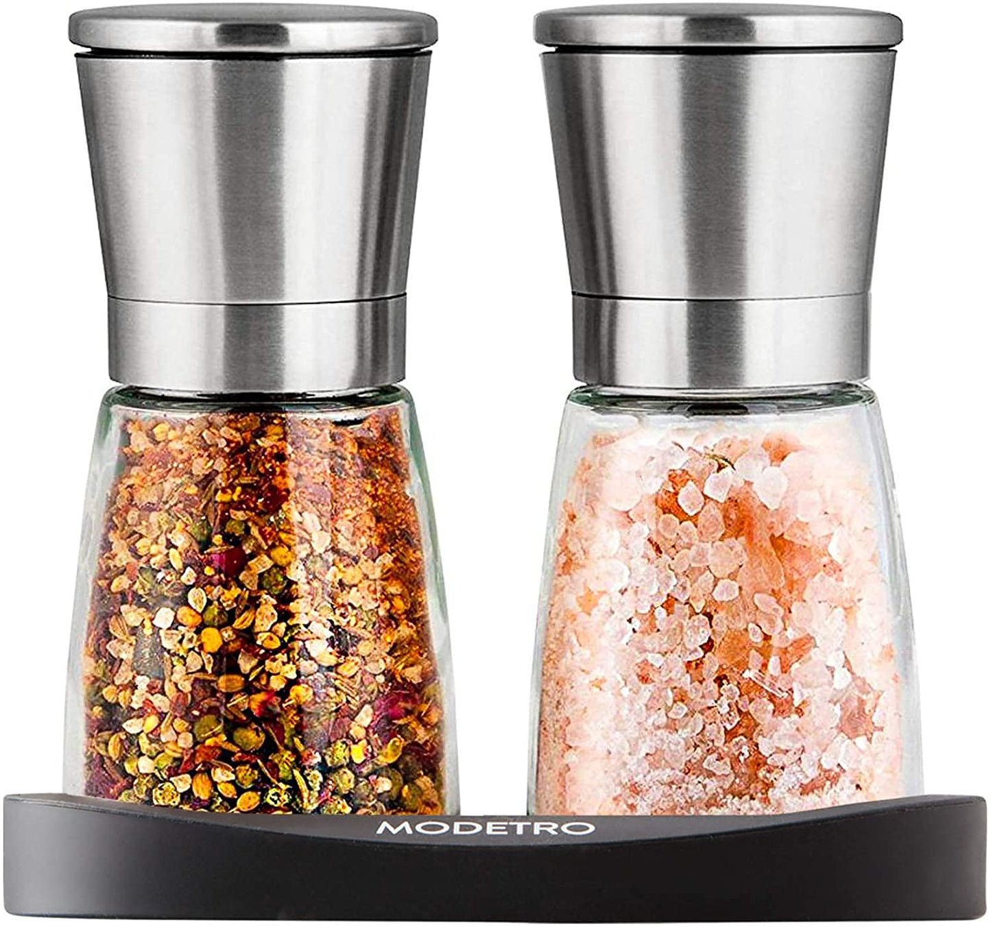 Modetro Salt and Pepper Shakers Set Adjustable Coarseness Pepper Grinder Mill for Sea Salt Spice Stainless Steel Glass 2 Pack