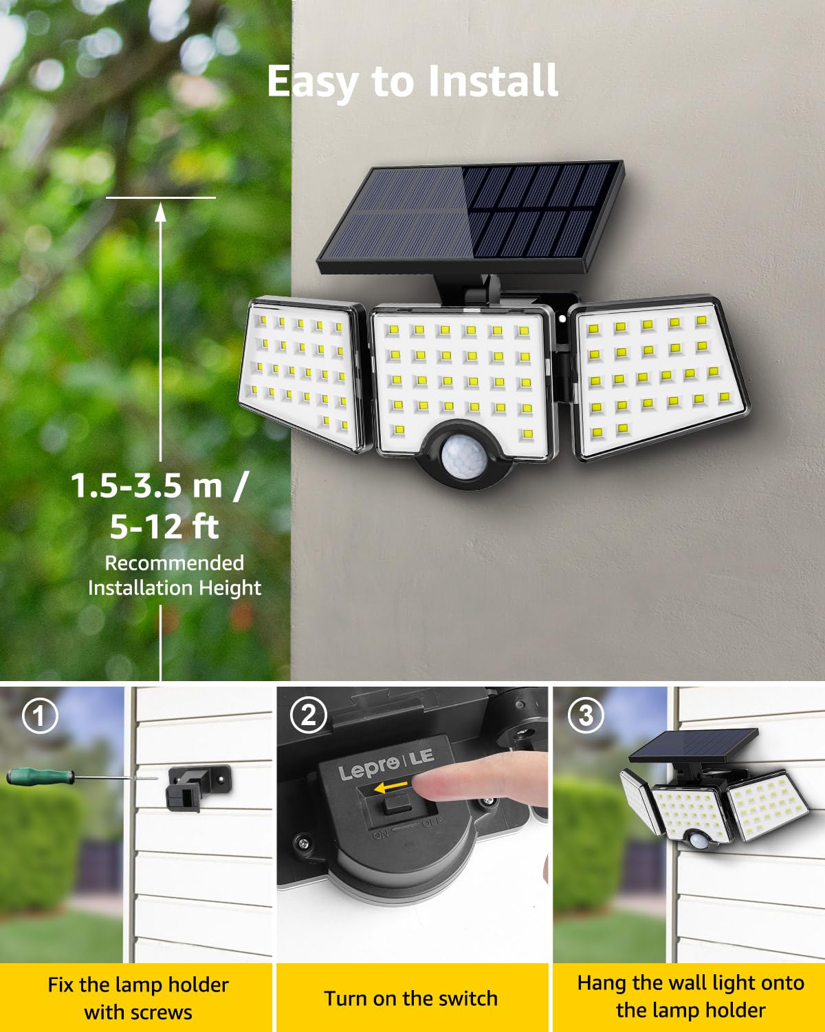 Lepro Solar Security Lights, 1000LM Solar Floodlights Motion Sensor with 360 Degree 3 Adjustable Heads, IP65 Waterproof, Wide Lighting Angle Solar Lights Outdoor for Yard Garage Pathway