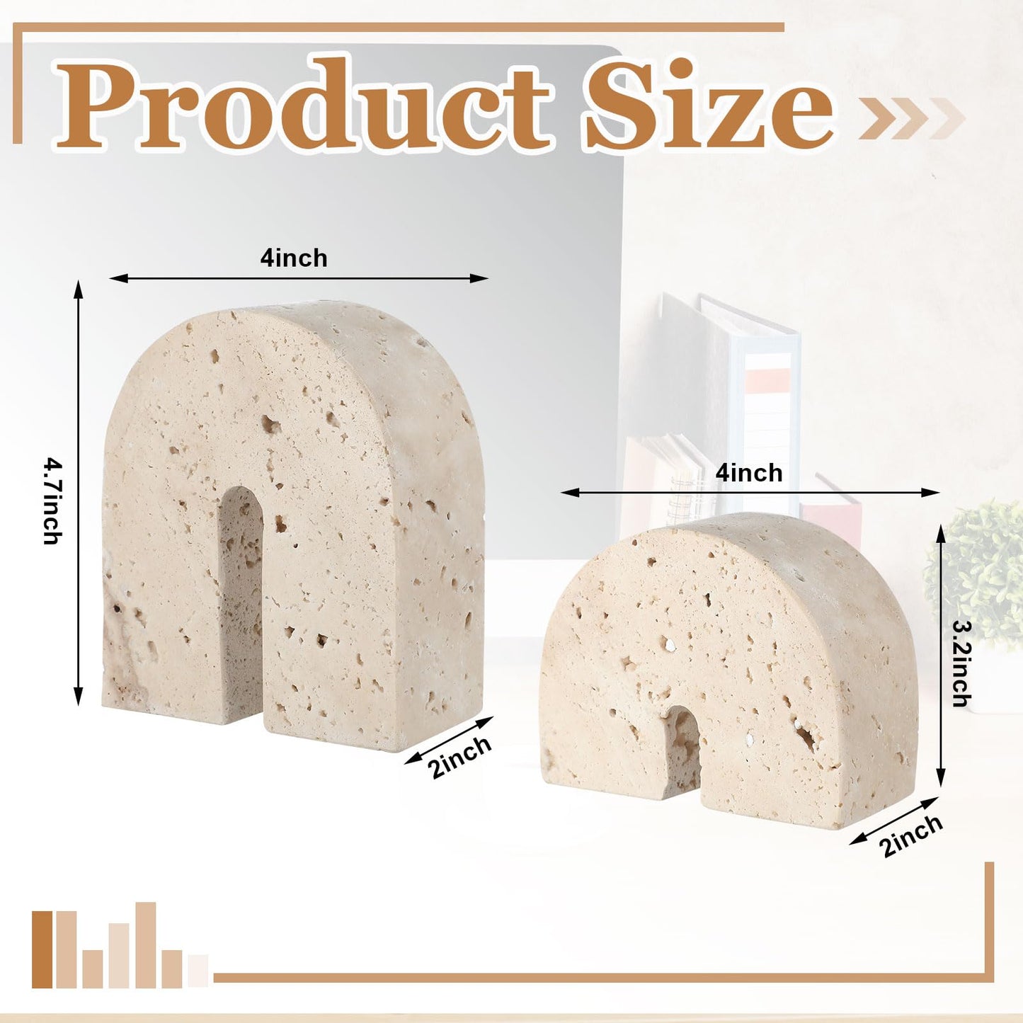 Newtay 2 Pcs Marble Bookends for Shelves 5 Inch and 3 Inch Natural Travertine Book Ends Decorative Stone Bookends Heavy Duty Marble Book Holder for Bookshelf Home Decor
