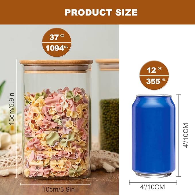 Glass Food Storage Jars 37 oz Set of 6, Glass Storage Containers Clear Glass