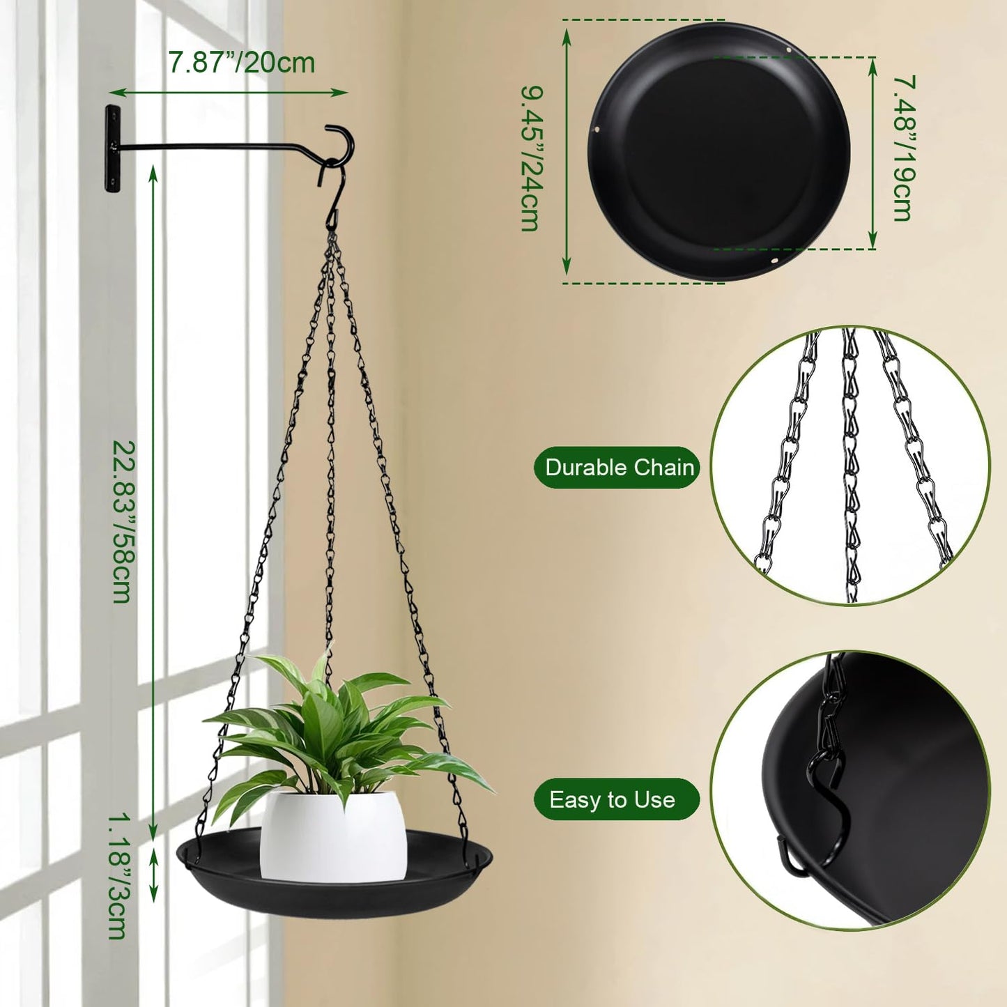 ARTORA Metal Plant Hanger, Indoor Decorative Wall Plant Hanging Basket Black Pot Holder Ceiling Flower Planter Hanging Chain with Long Hook (2 Pack)