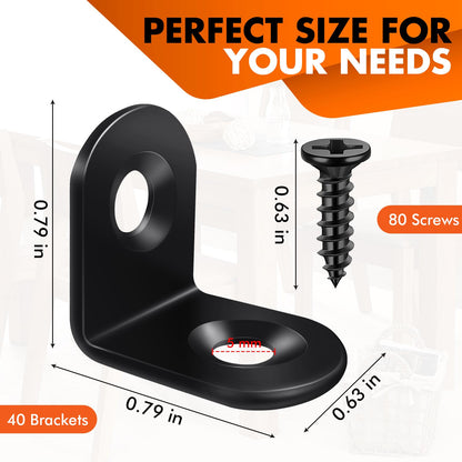 40PCS Black L Bracket Corner Brace, Stainless Steel Corner Bracket, 90 Degree Metal Right Angle Bracket, Small L Brackets for Shelves Wood Furniture Cabinet Drawer with 80PCS Screws (0.79 x 0.79 in)