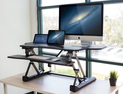 Mount-It! 48.5" Electric Standing Desk Converter for Dual Monitors, Motorized Sit Stand Electric Desk Riser with USB Port & Device Slot, Keyboard Tray, Adjustable Height Ergonomic Workstation, Black