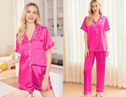 Ekouaer Silk Pajamas for Women Set Satin Pjs Soft Short Sleeve Button Down Sleepwear 3 Piece Loungewear S-XXL