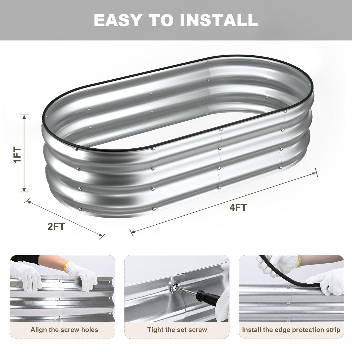 Patiobay 2 Pack 4x2x1FT Galvanized Raised Garden Beds,Raised Garden Bed with Safety Edging and Gloves,Oval Metal Planter Box for Gardening Vegetables Flowers Herb-Silver