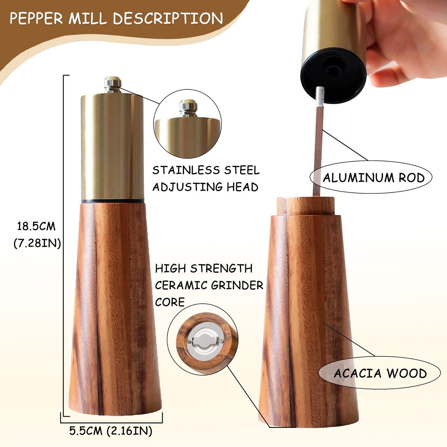 Salt and Pepper Grinder Set, Acacia Wooden Pepper Grinder with Adjustable Coarseness, Refillable Ceramic Blade Grind,Gold Pepper Mill for Kitchen (7.5IN- Acacia Wood-Base)