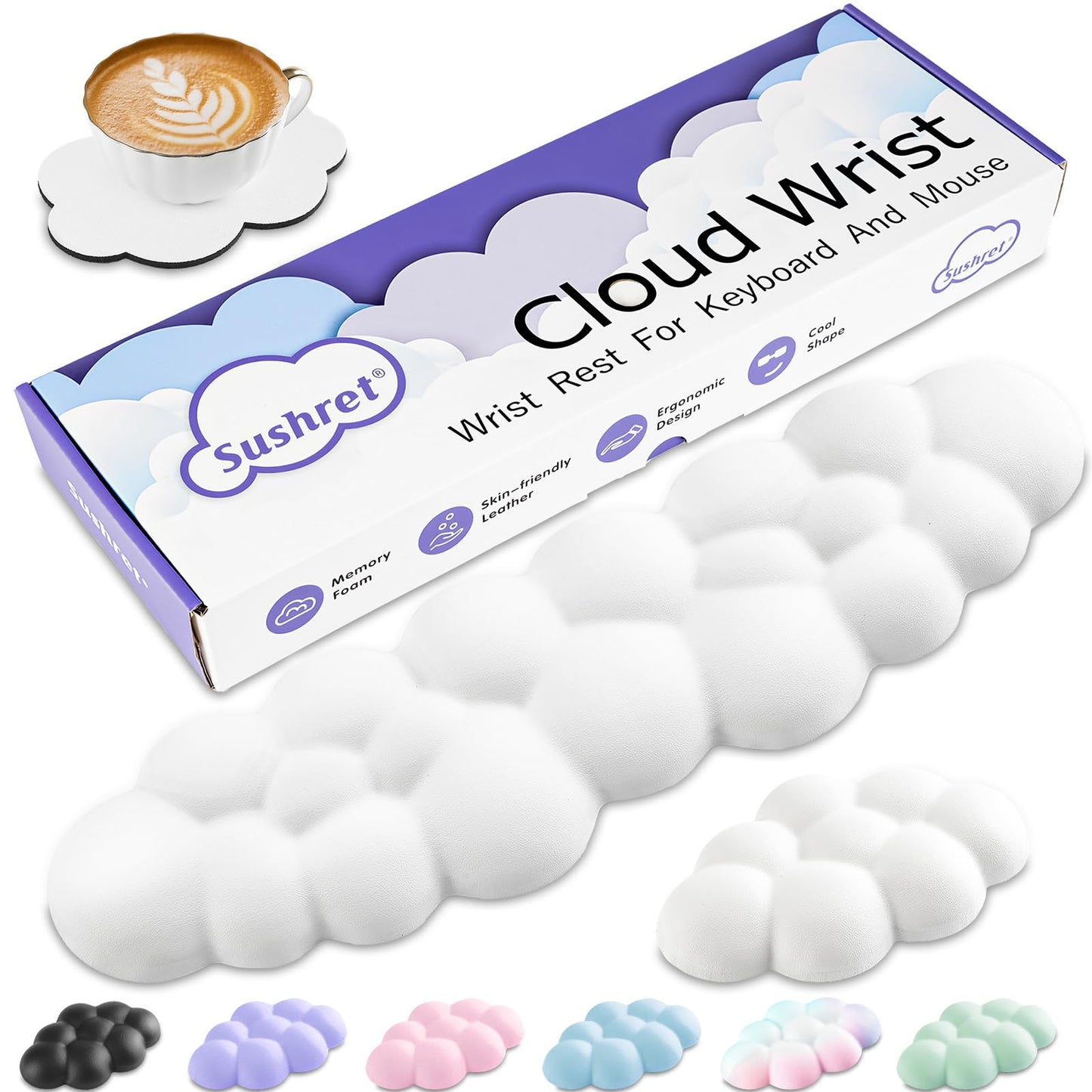 Sushret Cloud Wrist Rest Keyboard, Cloud Keyboard Wrist Pad Set with PU Leather Memory Foam, Cute Arm Rest for Palm Support, PC/Gaming Desk Accessories/Office Setup/Computer Hand Cushion - White