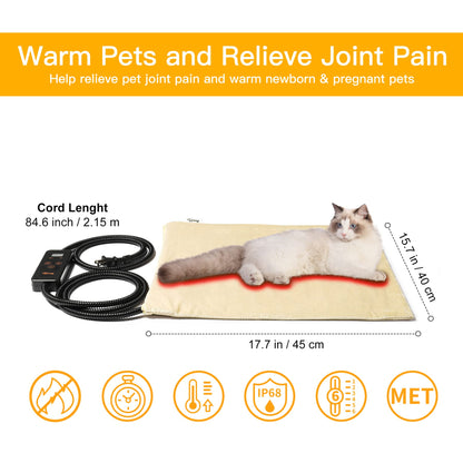 Toozey Small Pet Heating Pad, 6 Adjustable Temperature Dog Cat Heating Pad with Timer, Waterproof Heated Cat Bed with Chew Resistant Cord, Indoor Electric Pet Heated Mat 18x16in