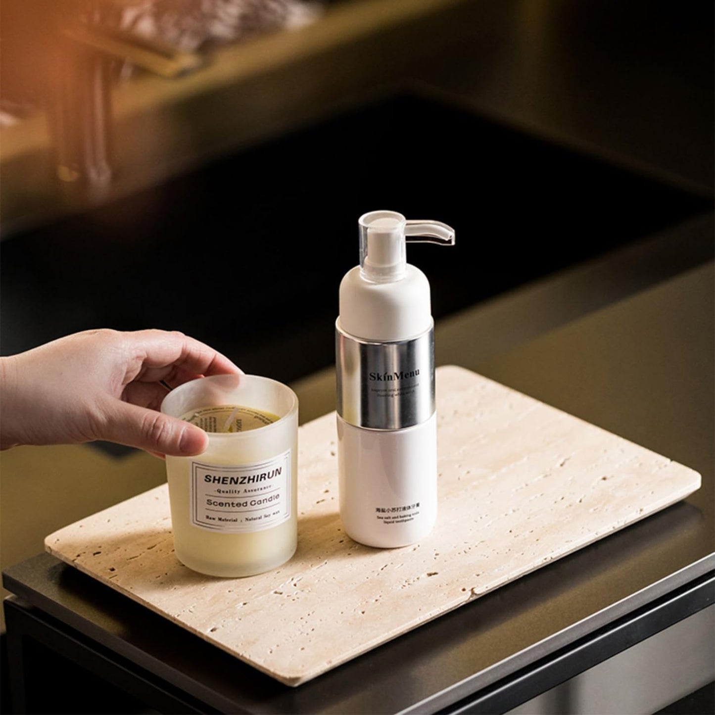 Natural Marble Board，Bathroom Trays Perfume Tray Jewelry Candle Plate (Travertine, 9.8 * 4.7 in)