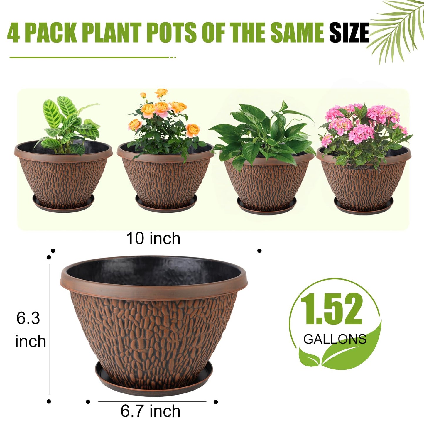 Nooulap 4 Pack Flower Pots Outdoor, 10 Inch Plant Pot with Drainage Hole & Tray, Thickened Plastic Planters for Indoor Outdoor Plants, Lightweight Brown Decorative Garden Pot with Saucer