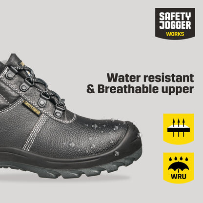 SAFETY JOGGER Safety Boot - BESTBOY - Steel Toe Cap S3/S1P Work Shoe for Men or Women, Anti Slip Puncture Resistant Steel Sole, Shock Absorbing, Water and Oil Repellant Safety Shoe, UK 10 EU 44, Black Leather
