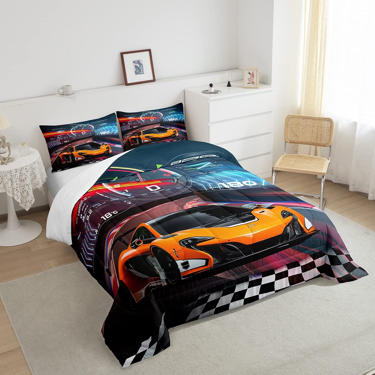 Feelyou Race Car Bedding Set - Extreme Sports Comforter Set for Kids - Queen Size, 1 Comforter Set with 2 Pillowcases