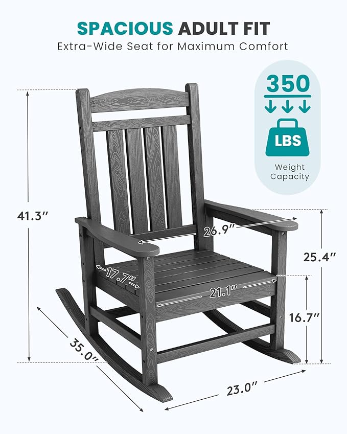 SERWALL Outdoor Rocking Chair, HDPE Patio Rocking Chair All-Weather Porch Rocker for Balcony, Yard, Dark Gray