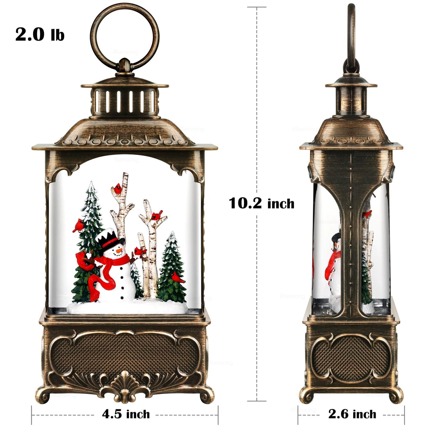 Blansong Snowman Snow Globe Lantern Christmas Decorations Gifts Auto Snowfall Glitter Music Collection Snowman Cardinal Birch Forest with 6H Timer USB/Battery Powered 10.2 inch