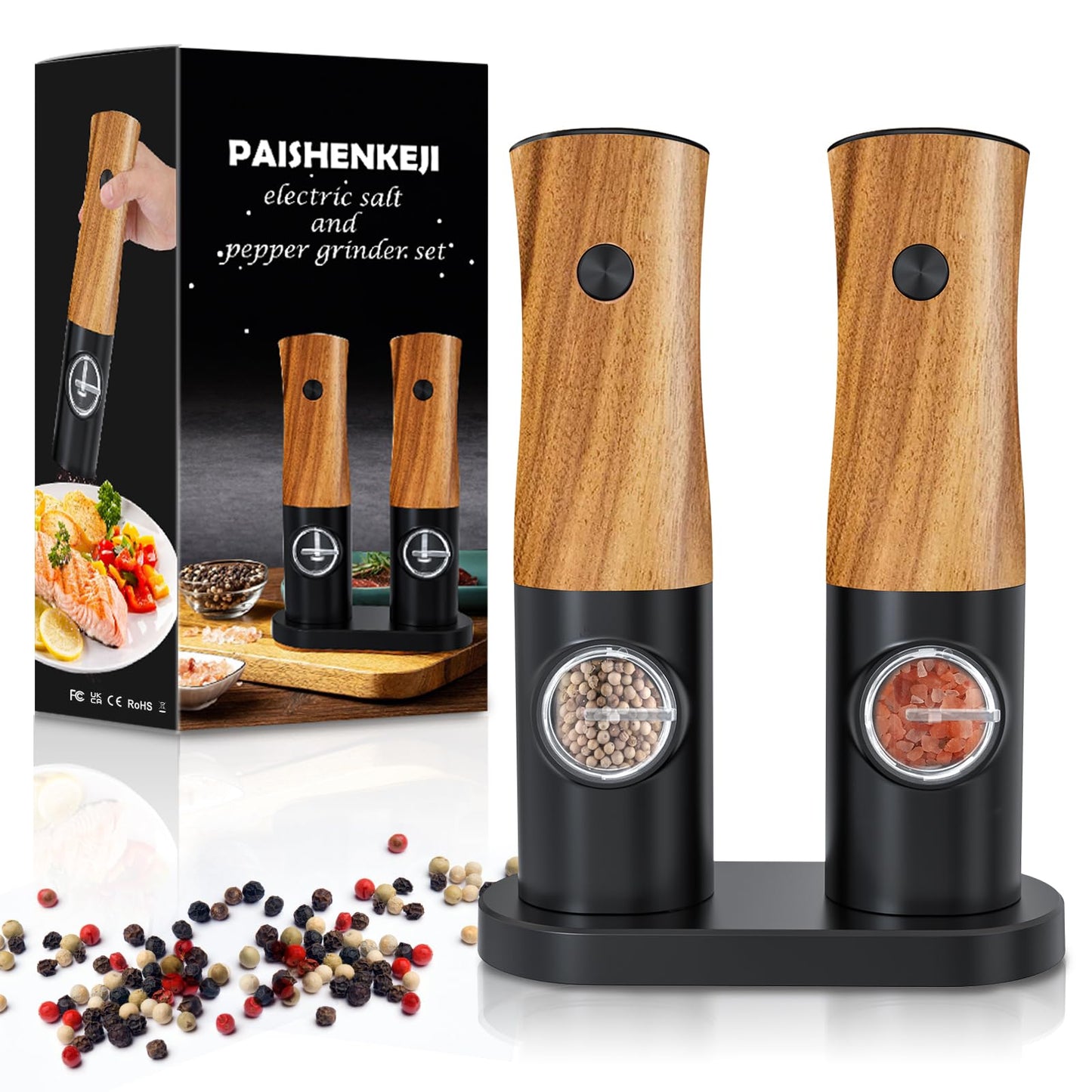 Electric Salt and Pepper Grinder Set - Automatic Battery Powered Salt Grinder Salt and Pepper Shakers Set Electric with Auto Light Adjustable For Gravity Operated Wood Grain Peppercorn Mill