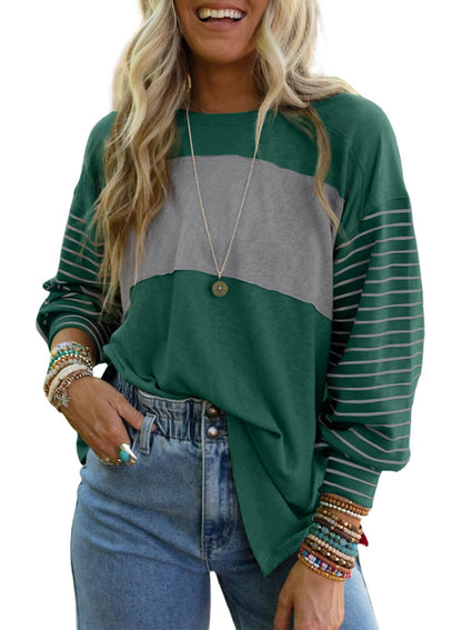 Dokotoo Long Sleeve Tops Oversized 2025 Trendy Round Crew Neck Casual Color Block Womens Shirts Blouses