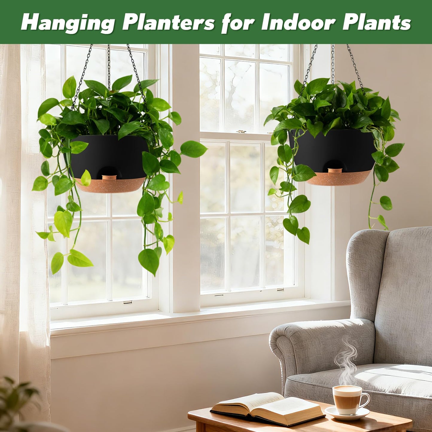 WUCEIAUU 13-inch Oversized Hanging Planter Set of Two,Planters for Indoor and Outdoor Plants.Place Plant pots Across Diverse Settings Including windowsills,Living Room,and Gardens.Black-Brown