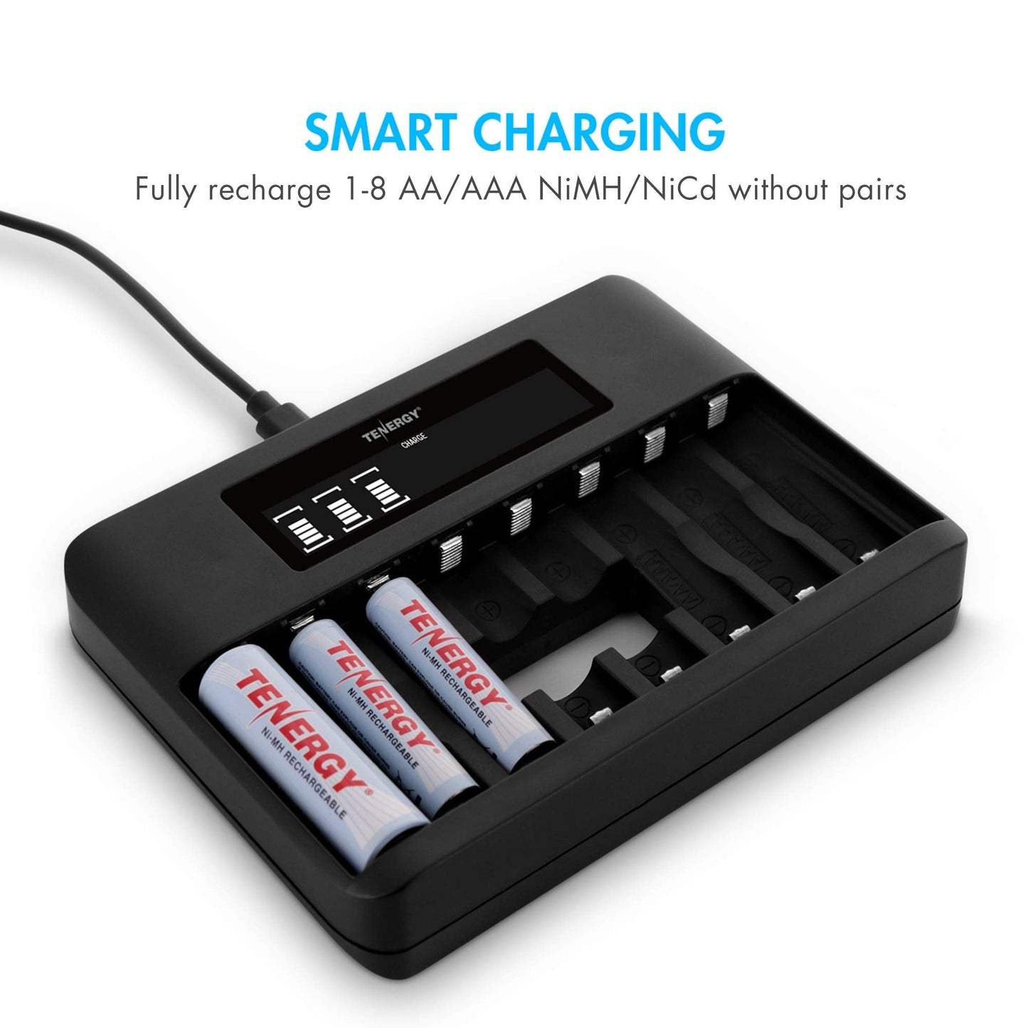 Tenergy TN480U 8-Bay LCD Display Fast Charger for NiMH/NiCD AA AAA Rechargeable Batteries with Mirco USB and USB Type C Input for AA and AAA Rechargeable Batteries