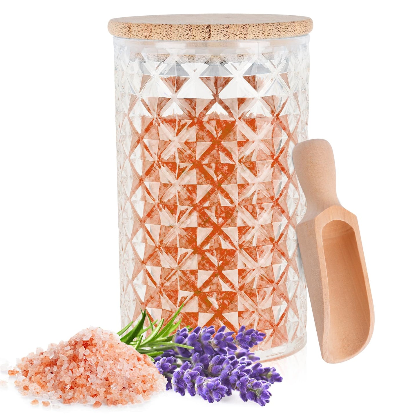 Akamino 1200ML/42OZ Acrylic Bath Salt Jar with Wooden Scoop, Clear Bath Salt Container with Sealing Lid, Large Storage Canisters for Bathroom Bath Decor, Kitchen Sugar Tea Spices