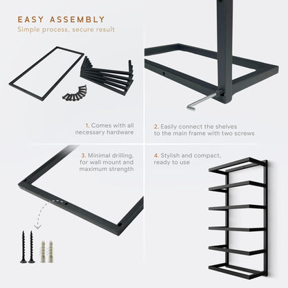 Wita Home Modern 5-Tier/6-Tier Towel Rack - Wall-Mounted Black Metal Towel Shelf for Bathroom, Space-Saving Storage for Towels, Organizers, and Home Decor (6-Tier)