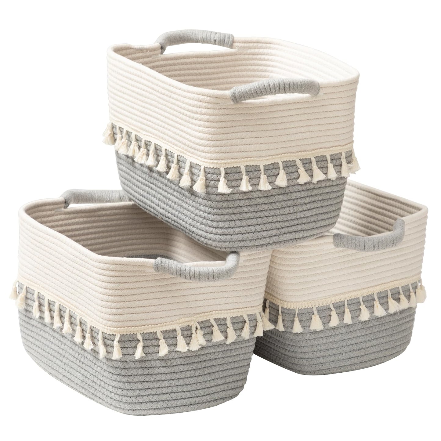 TeoKJ Storage Basket 3 Pack for Organizing, Cotton Rope Baskets for Toy, Clothes, Blankets, Decorative Basket for Living Room, Nursery, Bathroom, White & Gray