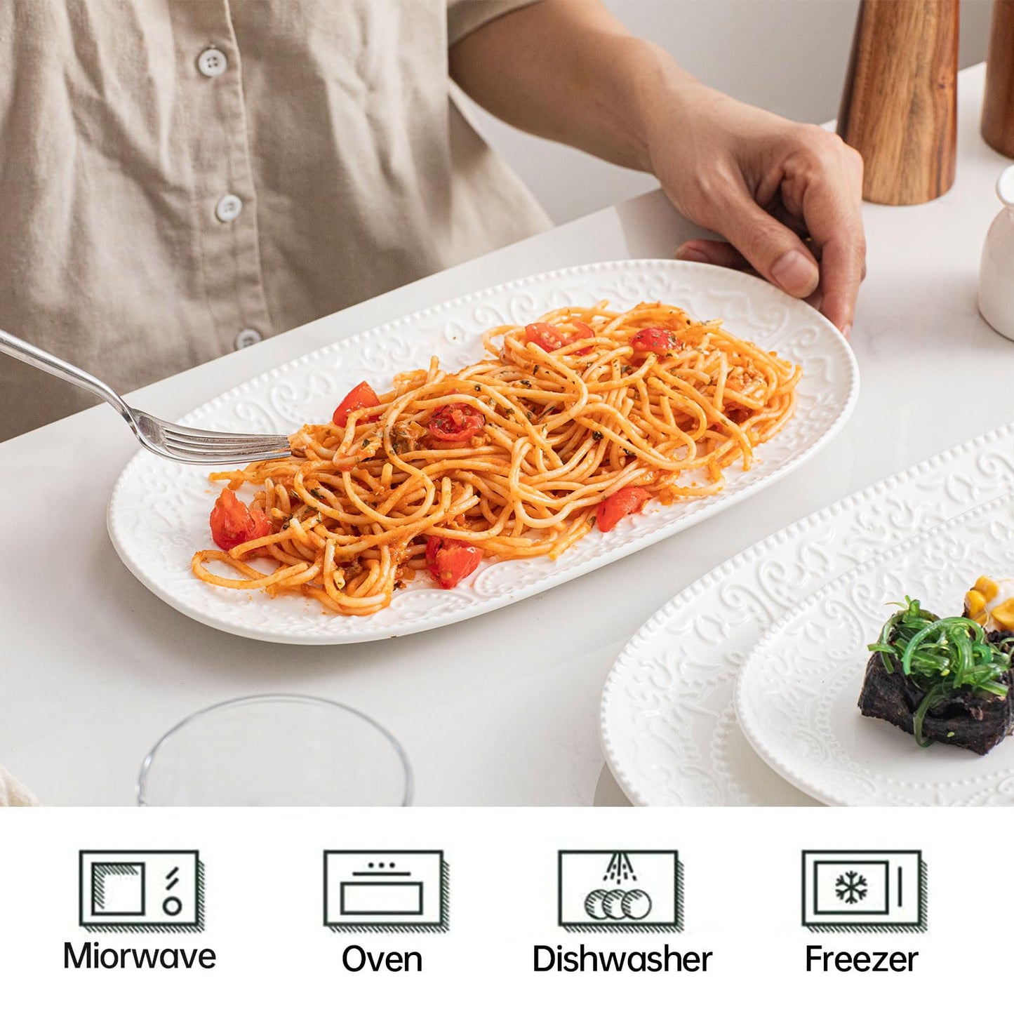 MVYAVYUS Oval Embossed Serving Platter Set, Stackable Serving Tray, Ceramics White Serving Platters for Entertaining, Serving Dishes for Wedding, Dishwasher & Oven Safe, Gift for Housewarming (3PCS)