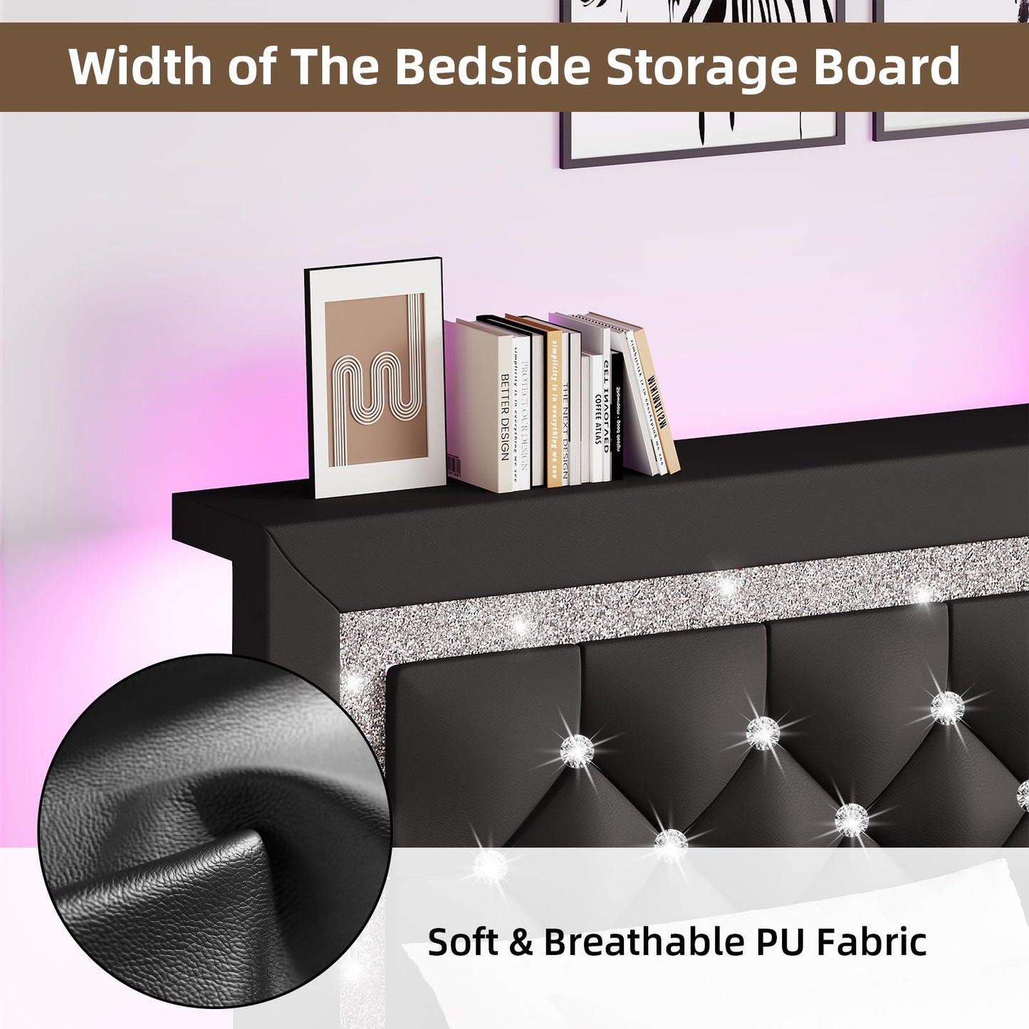 BarnFurin Queen Bed Frame with Storage Headboard, Bed Frame Queen Size with Diamond Tufted Headboard and LED Lights, Wooden Slats Support, Noise Free, No Box Spring Needed, Easy Assembly, Black