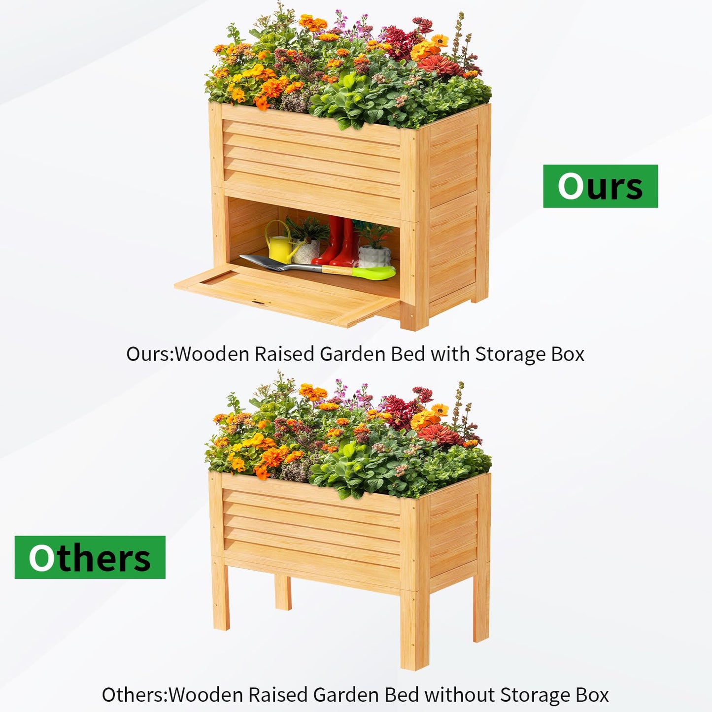 SUNYRISY Wooden Raised Garden Bed with Storage Box, 34" L x 18" W x 30" H Elevated Large Planter Box for Planting Herb Vegetable Flower Outdoor Indoor, Wood
