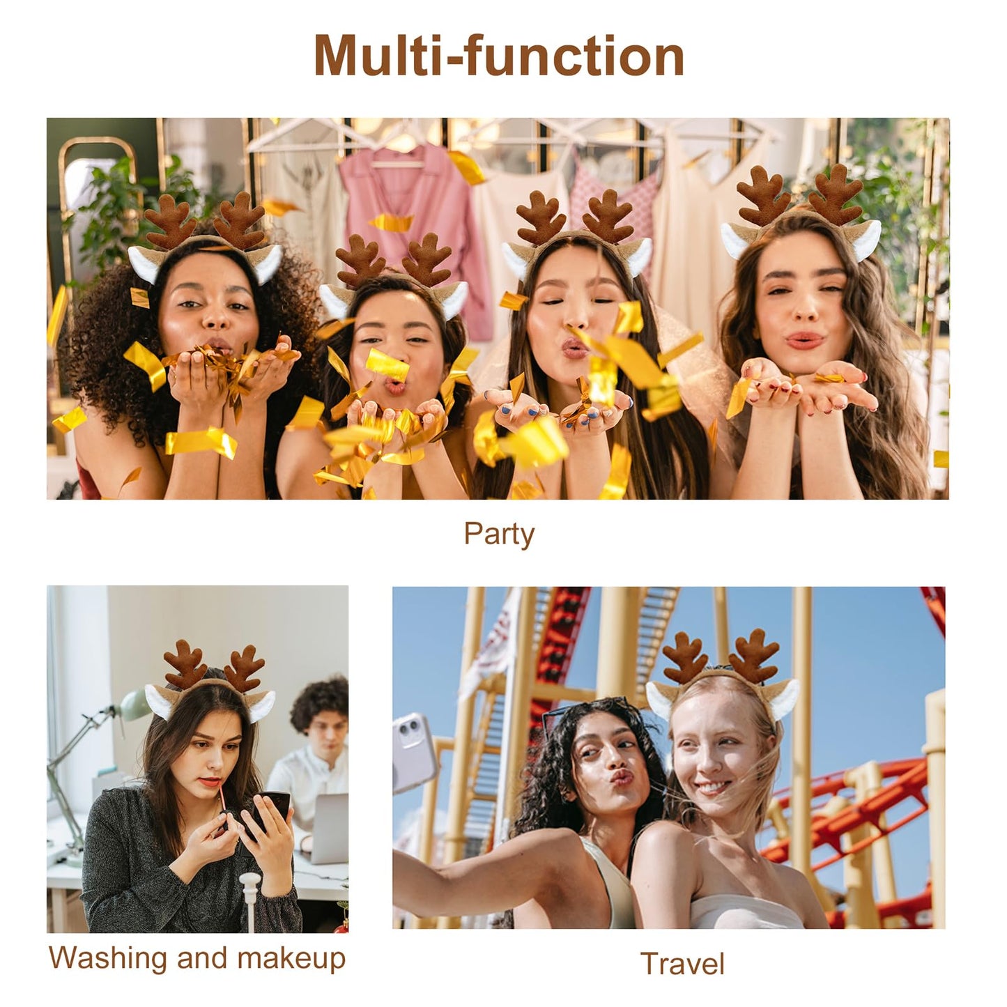Beviliu Reindeer Antlers Headband - Animal Ears Headbands Fluffy Realistic Deer Antler Hairband Party Cosplay Costume Washing for Christmas Halloween