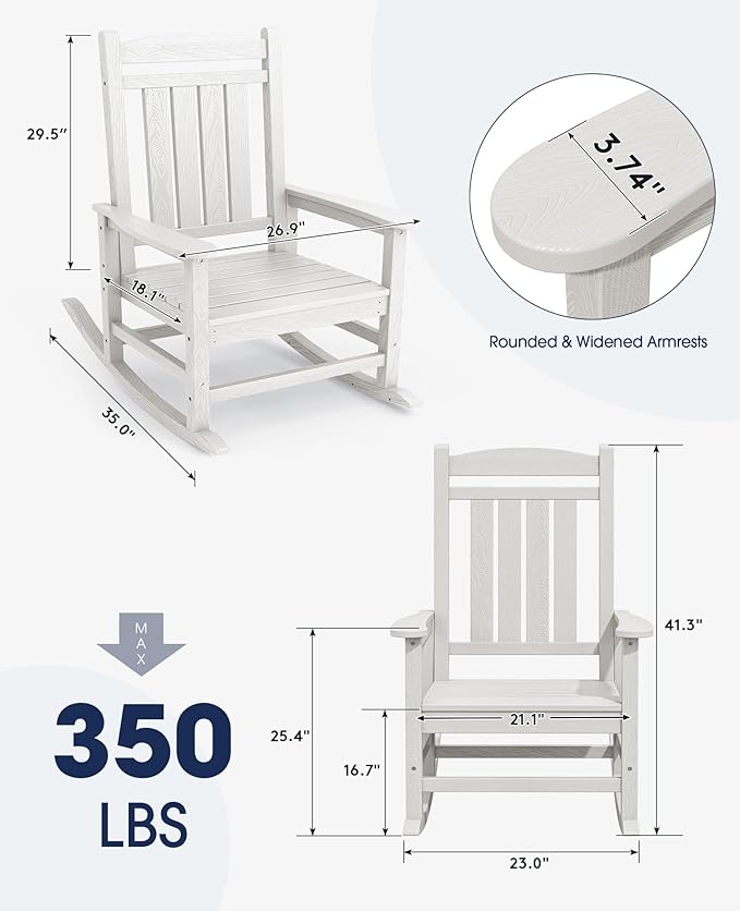 KINGYES HDPE Outdoor Rocking Chair, Widened Seat Patio Rocking Chair, Oversized All Weather Patio Rocker, White