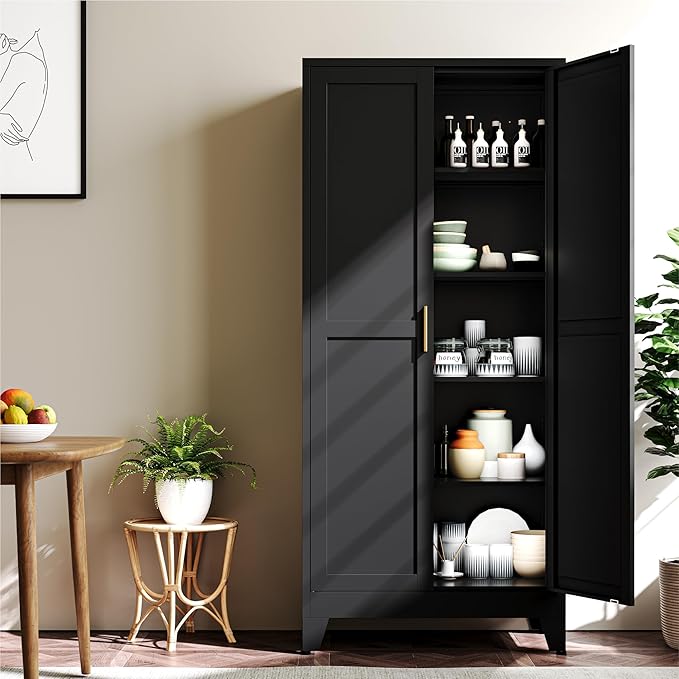 YAUWOH 71''Metal Cabinet with 4 Adjustable Shelves, 5-Tier Pantry Storage