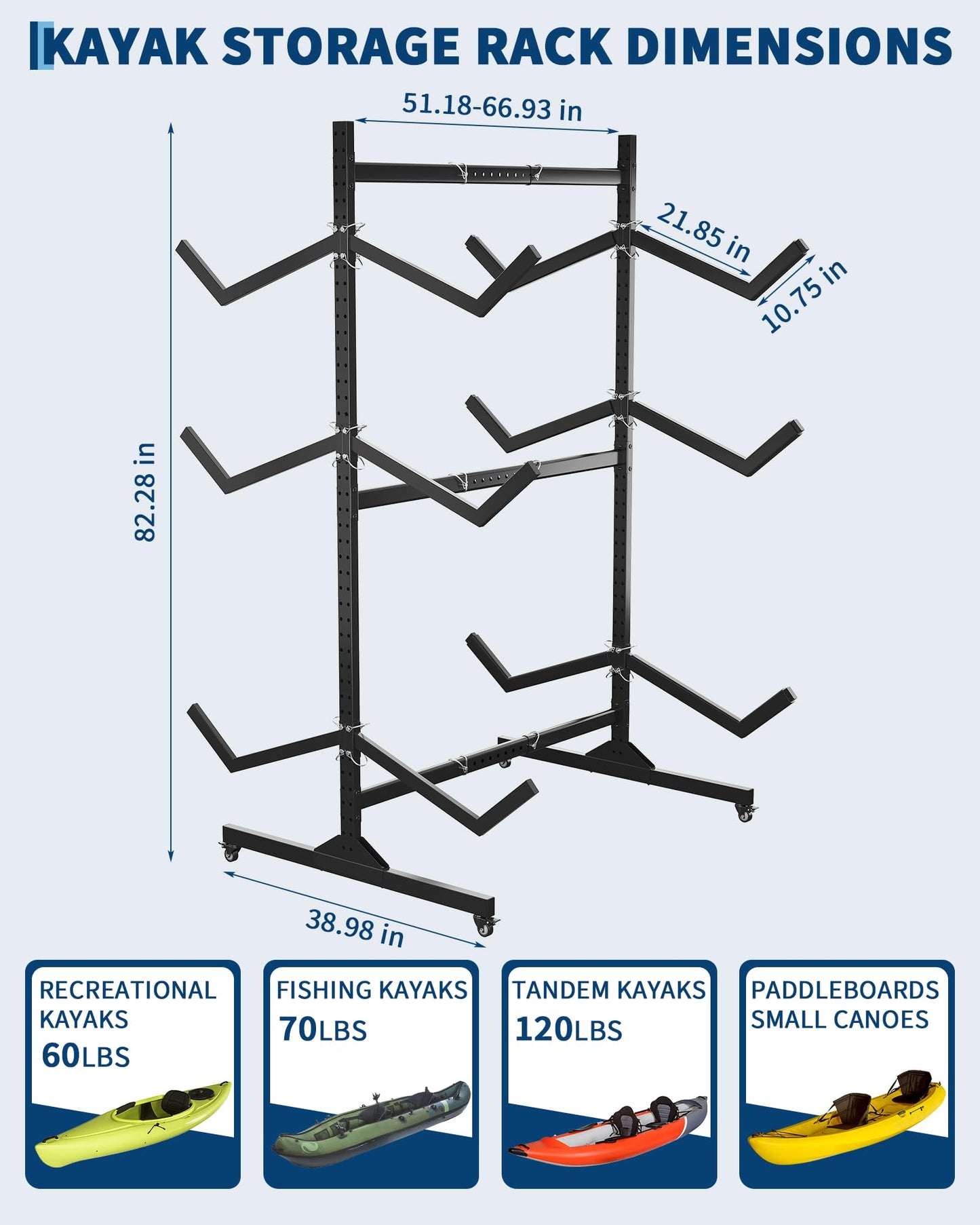 ActiveTrail Freestanding Kayak Storage Rack for 6 Kayaks with Wheels, Heavy-Duty Steel Outdoor Kayak, Canoe & SUP Rack with Hanging Straps for Garage, Dock & Backyard