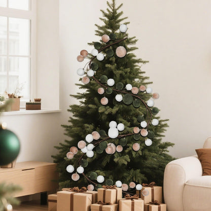Simgoing 6 ft Christmas Ball Ornament Garland Christmas Bauble Hanging Ornament Neutral Velvet Bulb Ball Garland for Xmas Tree Table Mantel Staircase Indoor Outdoor Decor(White, Brown, Green)