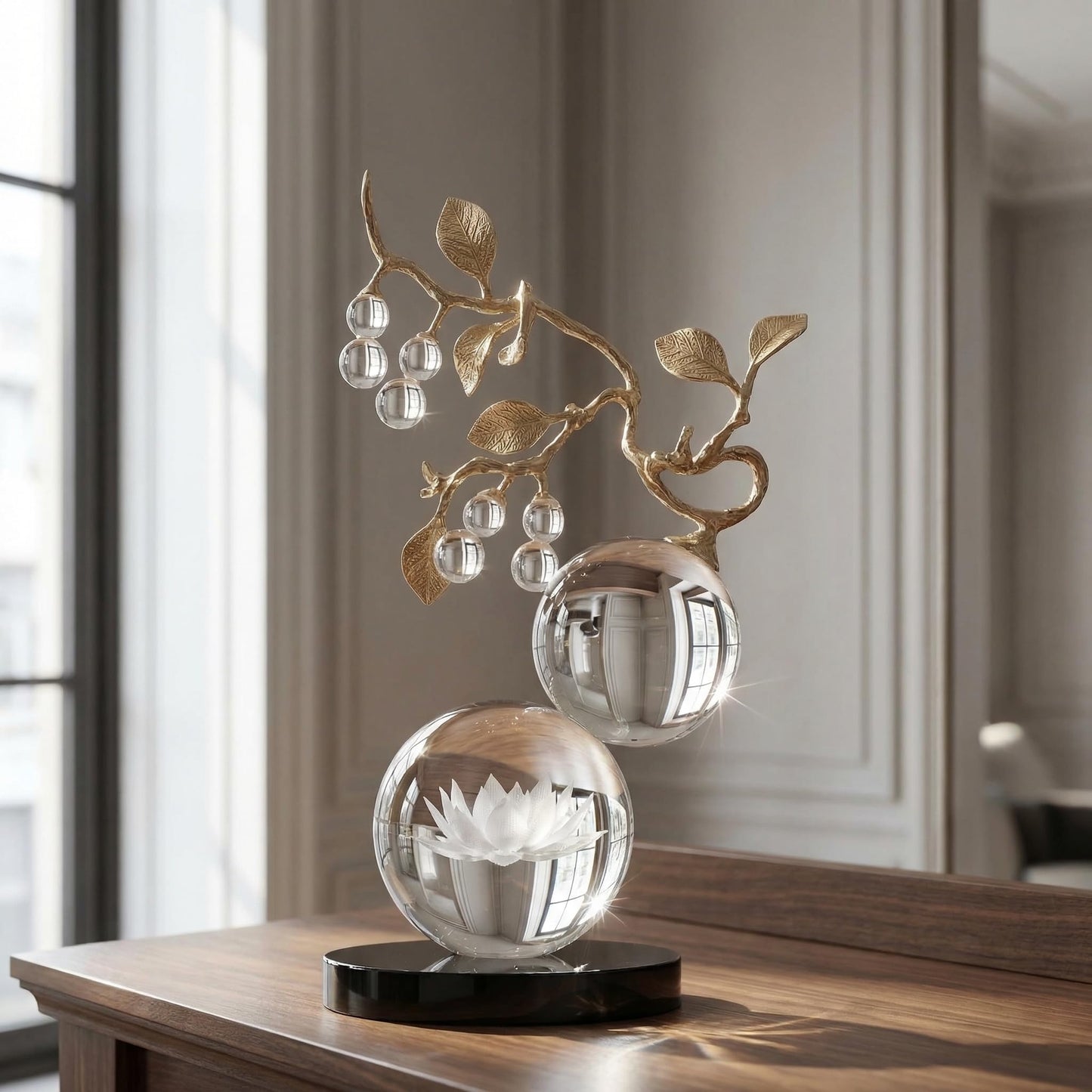 Mataura Clear Glass Sculpture, Nature Inspired Decorative Statue with Gold Metal Branch - Minimalist Desk Sculpture Home Decor for Tabletop Living Room Shelf Desk Office - Unique Housewarming Gift
