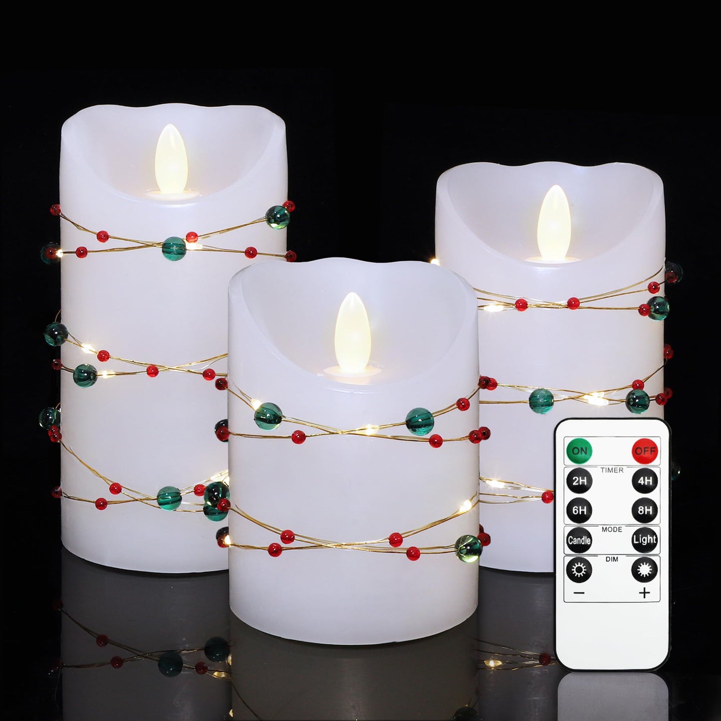 Flameless Candles with Red Green Beads String Lights - Real Wax Christmas Decor Battery Operated Candles with Remote & Timer- Home Party Bedroom Holiday Valentine's Day Decorations - Set of 3