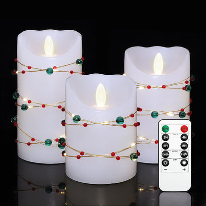 Flameless Candles with Red Green Beads String Lights - Real Wax Christmas Decor Battery Operated Candles with Remote & Timer- Home Party Bedroom Holiday Valentine's Day Decorations - Set of 3