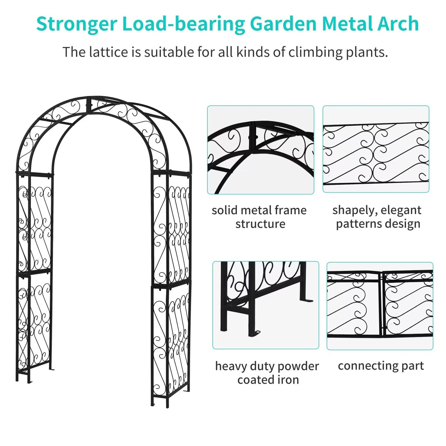 SCENDOR 48.8" W x 83.8" H Garden Arch, Black Sturdy Metal Iron Arbor, Courtyard Cast Trellis for Various Climbing Plant, Outdoor European-Style Archway Wedding Ceremony Party